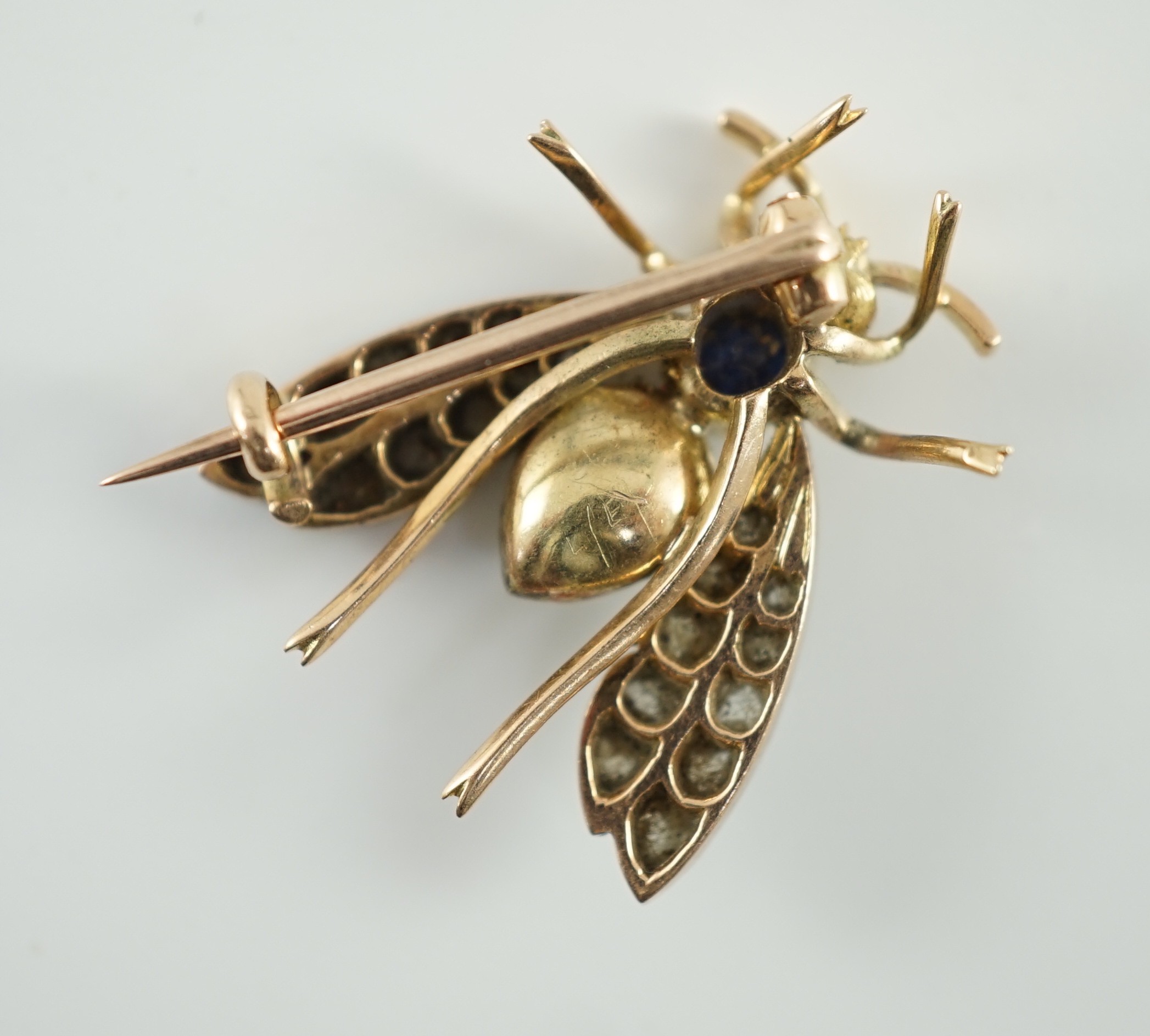 A late Victorian gold, sapphire, baroque pearl and rose cut diamond set bug brooch